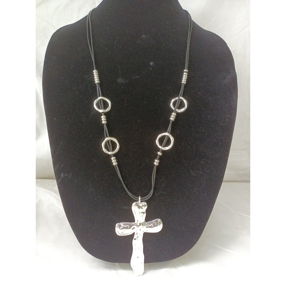 Hammered metal look cross pendant coated cord necklace 19" NWT